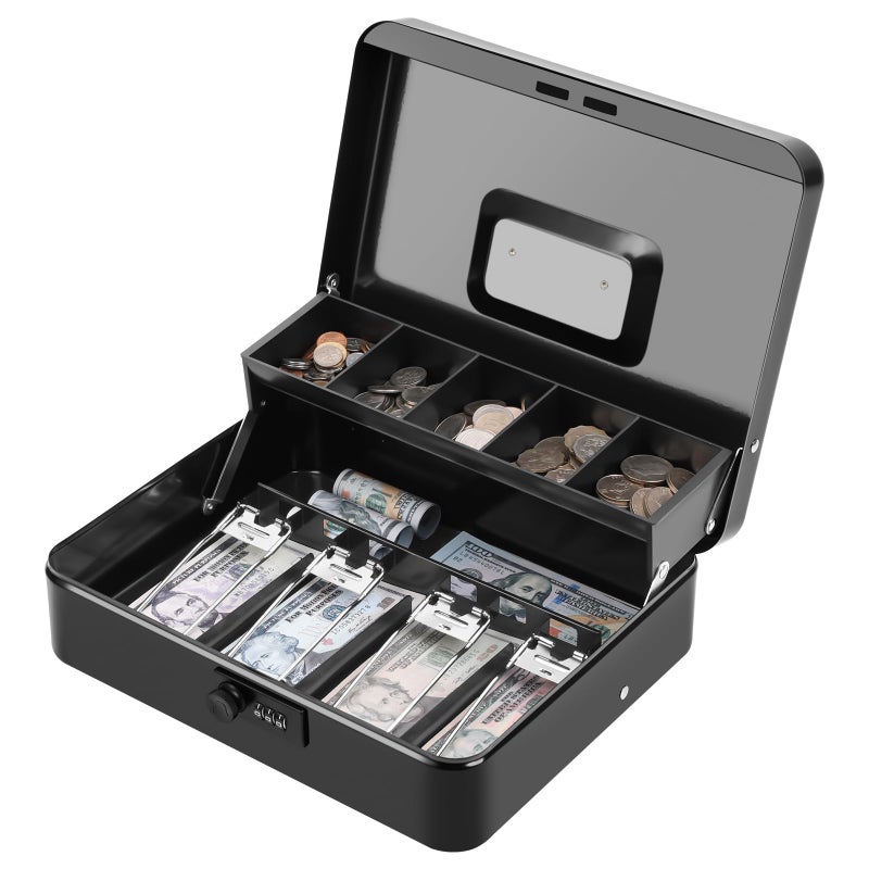 KYODOLED Metal Cash Box with Combination Lock & Spring-Loaded Bill Clips, 5-Compartment Cantilever Coin Tray, Portable Safe for Yard Sales/Craft Fairs/Small Businesses, 11.81â€x9.45â€x3.54â€, Black - Image 1